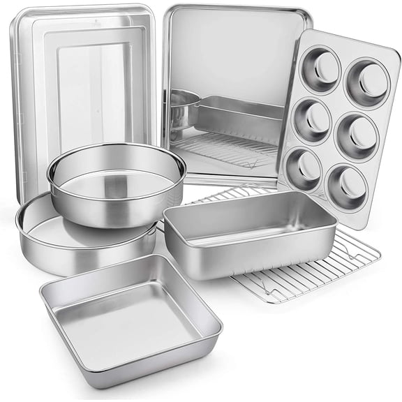 9-Piece Bakeware Sets, Stainless Steel Baking Pan Set Includes Cookie Sheet, Round Square Rectangle Cake Pans with Lids, Multi-Functional for Loaf Muffin Pizza,Dishwasher Safe
