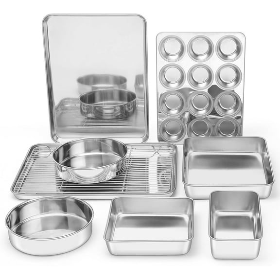 9-Piece Baking Pan Set, Stainless Steel Bakeware Sets for Sheet Cake Cookie Loaf Muffin, Include Baking Sheet, Round Square Rectangle Baking Pan & Cooling Rack, Dishwasher Safe