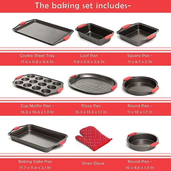 9 Piece Baking Pans Set Non Stick, Oven Safe Baking Sheet Set Carbon Steel Non-Stick PTFE Coating, Bakeware Set With Heat Red Silicone Handles, Black Baking Trays For Oven