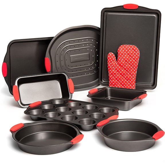 9 Piece Baking Pans Set Non Stick, Oven Safe Baking Sheet Set Carbon Steel Non-Stick PTFE Coating, Bakeware Set With Heat Red Silicone Handles, Black Baking Trays For Oven