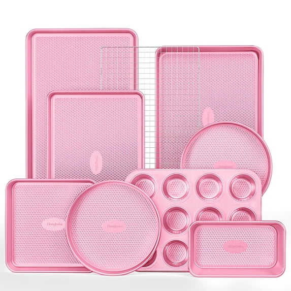 HONGBAKE 9-Piece Baking Pan Set, Nonstick Bakeware Set with Diamond Texture, Carbon Steel Baking Pans, Cookie Sheet with Rack, Muffin Pan, Pink