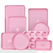 HONGBAKE 9-Piece Baking Pan Set, Nonstick Bakeware Set with Diamond Texture, Carbon Steel Baking Pans, Cookie Sheet with Rack, Muffin Pan, Pink