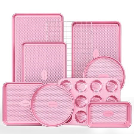 HONGBAKE 9-Piece Baking Pan Set, Nonstick Bakeware Set with Diamond Texture, Carbon Steel Baking Pans, Cookie Sheet with Rack, Muffin Pan, Pink