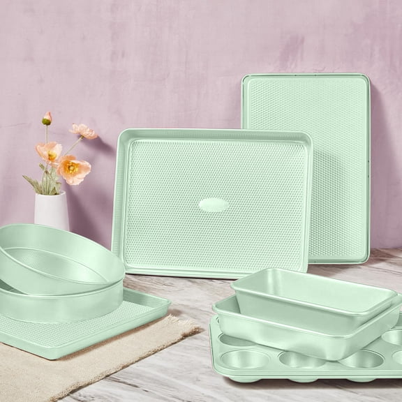 9-Piece Baking Pans Set Nonstick, Stackable Non Toxic Bakeware Sets with Diamond Texture, Oven Pan Set for Cooking, Includes Cookie Sheet with Rack, Cake Pan, Roasting Pan, Muffin Tin, Green