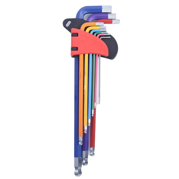 9-Piece Ball End Hex Key Set, CRV Steel Allen Wrench Set with Color Coded Design, Long Arm, Metric Sizes, Angle Work, Industrial Grade for Repair, Assembly