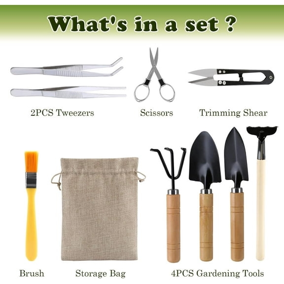 9 Piece Basic Bonsai Tools Set, Includes Pruning Shears, Mini Rake, Fold Scissors and More