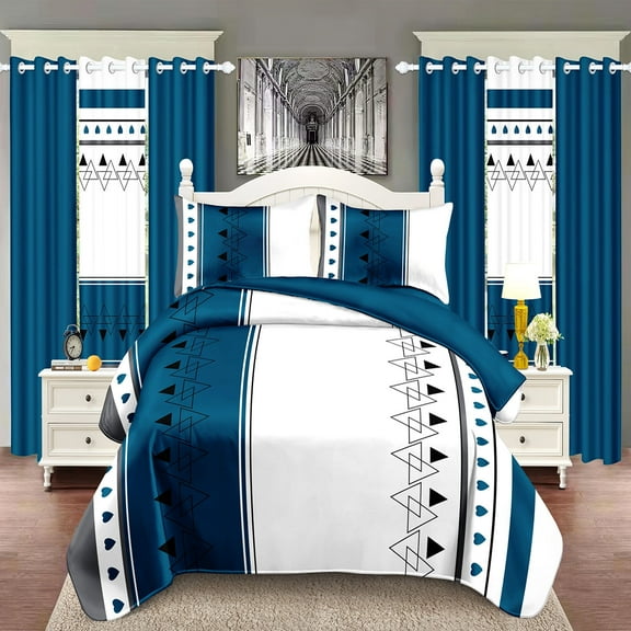 9-Piece Bedroom Set – 1*Bedspread, 2 Pillowcases, 4 Solid & 2 Printed Curtains | Scandinavian Cottage Home Decor, Bedding Comforter Sets Blue and White King Size（91*100 in）