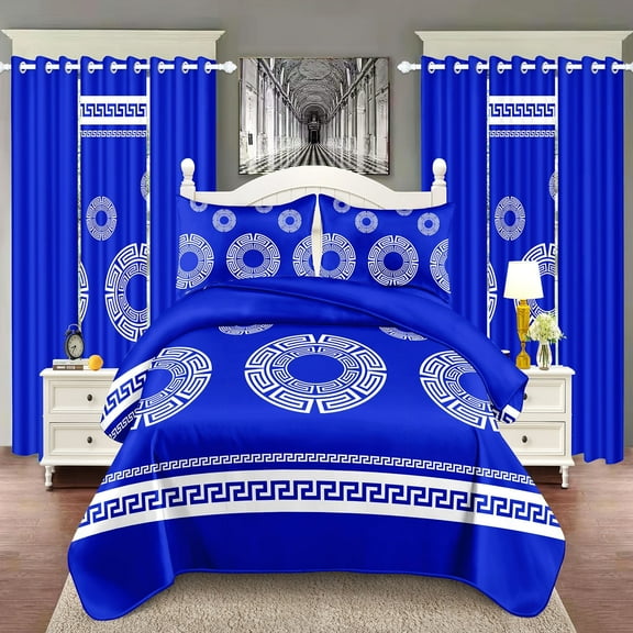 9-Piece Bedroom Set – 1*Bedspread, 2 Pillowcases, 4 Solid & 2 Printed Curtains | Scandinavian Cottage Home Decor, Bedding Comforter Sets Charcoal Blue and White King Size(91*100 in)