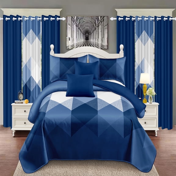 9-Piece Bedroom Set – 1*Bedspread, 2 Pillowcases, 4 Solid & 2 Printed Curtains | Scandinavian Cottage Home Decor, Bedding Comforter Sets Charcoal Blue and White Queen Size(86*87 in)