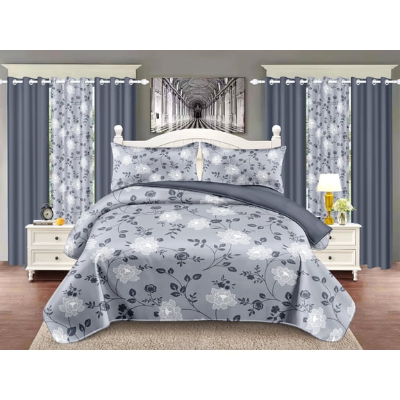 9 Piece Bedspread Set with Curtains, Grey Floral Print, Bamboo Polyester Quilted Bedding, Includes Bedspread, Pillowcases & Curtains(Queen)