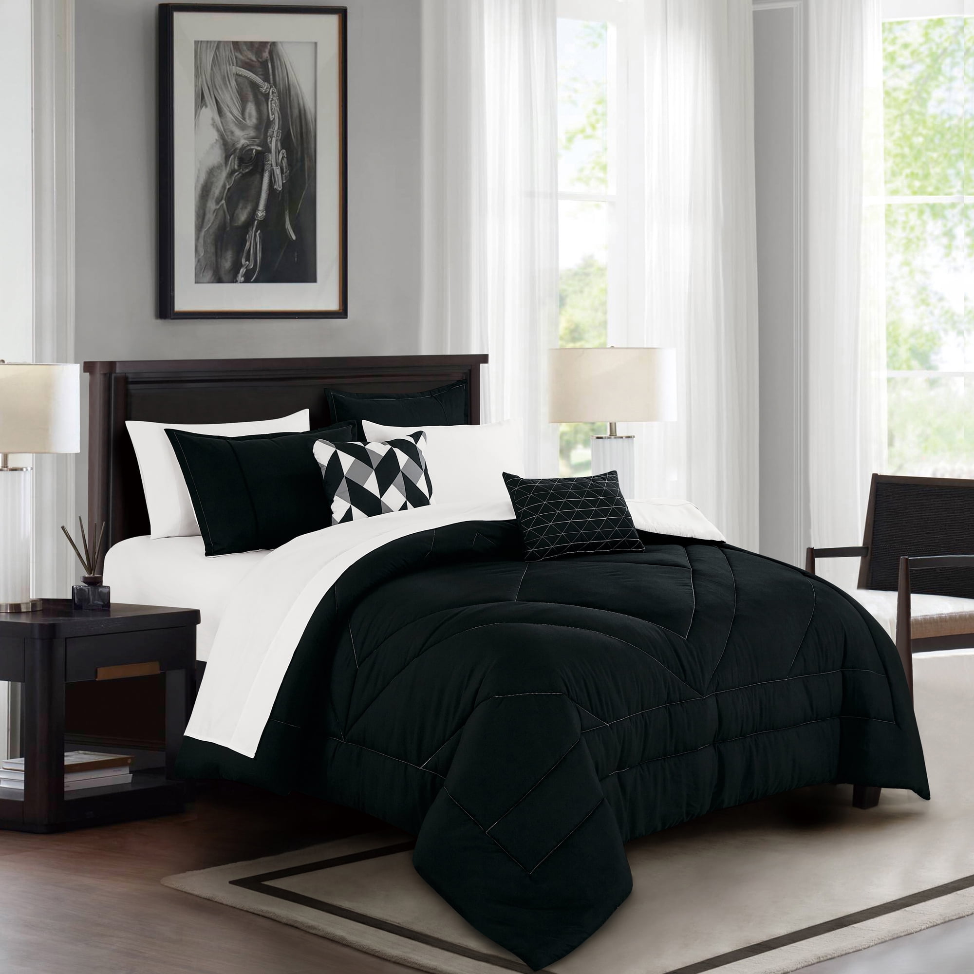 9-Piece Black & White Geometric Comforter Set, Luxury Bedding with Sheets and Decor Pillows,, Queen