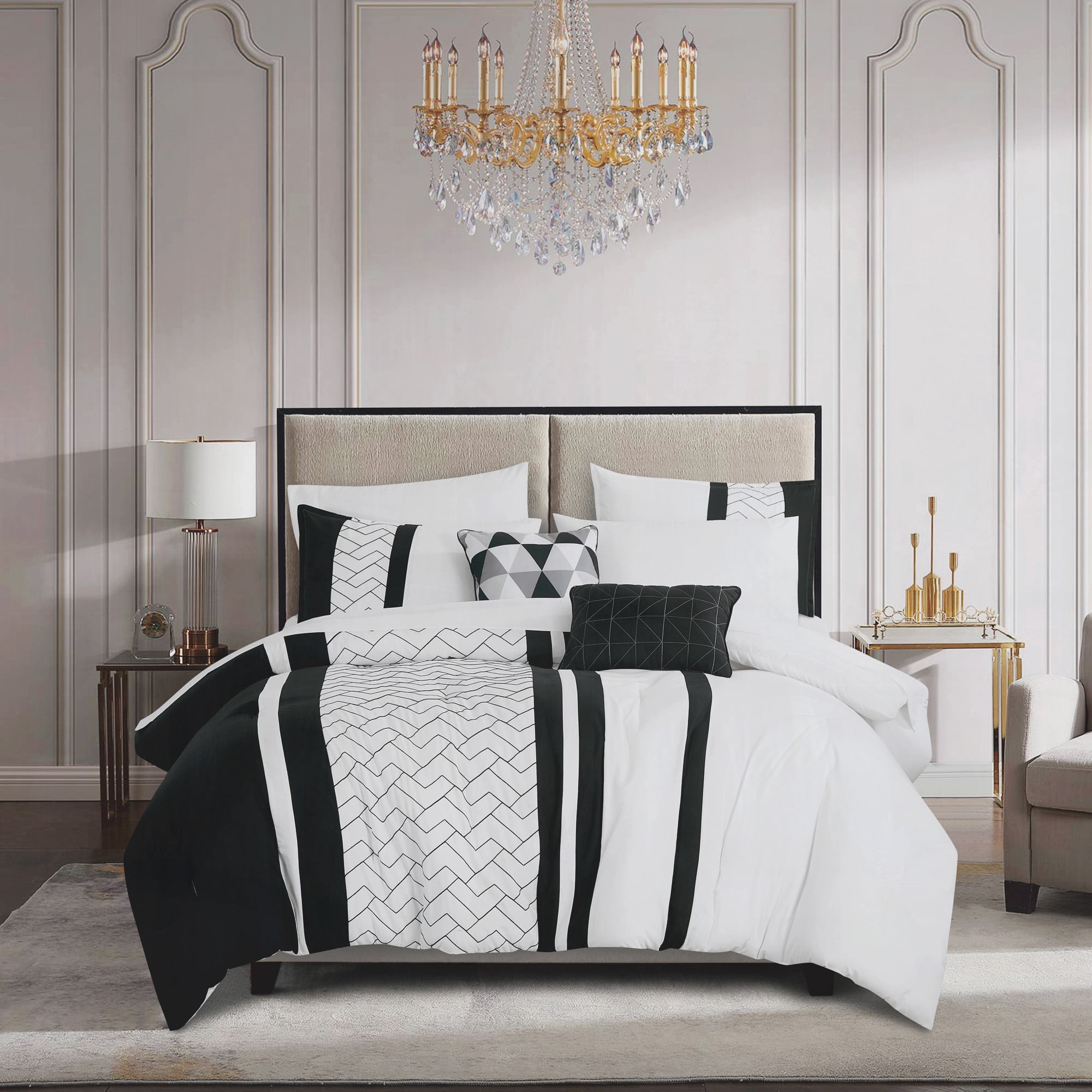 9-Piece Black & White Geometric Embroidery Comforter Set, Elegant Striped Bedding with Sheets and Decor Pillows, King