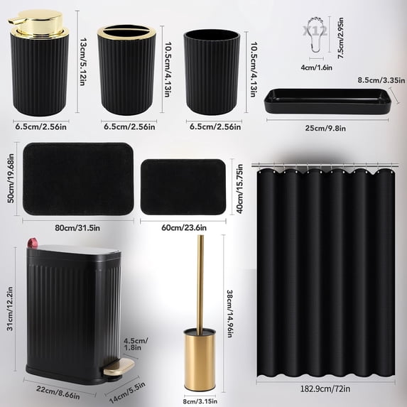9-Piece Black and Gold Bathroom Accessories Set with Stainless Steel Trash Can, Toilet Brush, Rugs, Shower Curtain