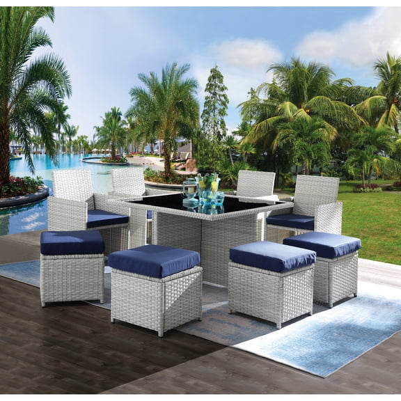 9-Piece Blue Wicker and Fabric Dining Set with Loose Cushions / Perfect for Patio Gatherings