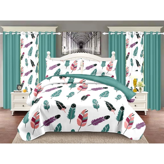 9 Piece Boho Feather Bedspread Bedding Set with Matching Window Curtains, Colorful Tribal Feather Print Bamboo Microfiber All Season Quilt Set Include Bedspread, Pillowcases & Curtains(King)