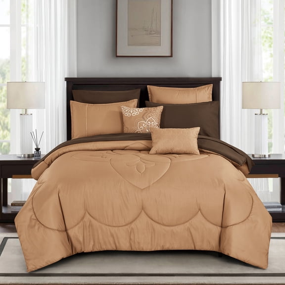 9-Piece Camel & Chocolate Brown Comforter Set, Luxury Bedding with Sheets and Decor Pillows, Cal King