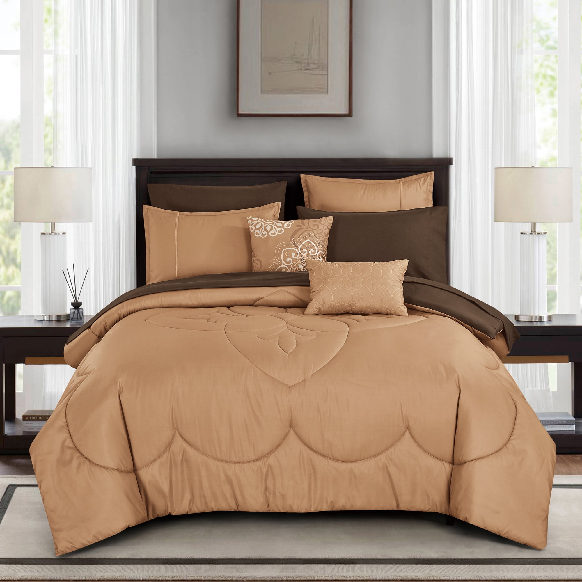 9-Piece Camel & Chocolate Brown Comforter Set, Luxury Bedding with Sheets and Decor Pillows, Queen