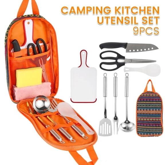9 Piece Camp Kitchen Cooking Utensil Set Travel Organizer Grill Accessories Portable Compact Gear for Backpacking BBQ Camping Hiking Travel Cookware Kit Water Resistant Case