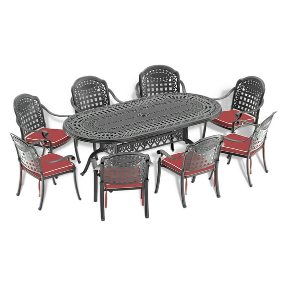 9-Piece Cast Aluminum Outdoor Dining Set with Random Color Seat Cushions