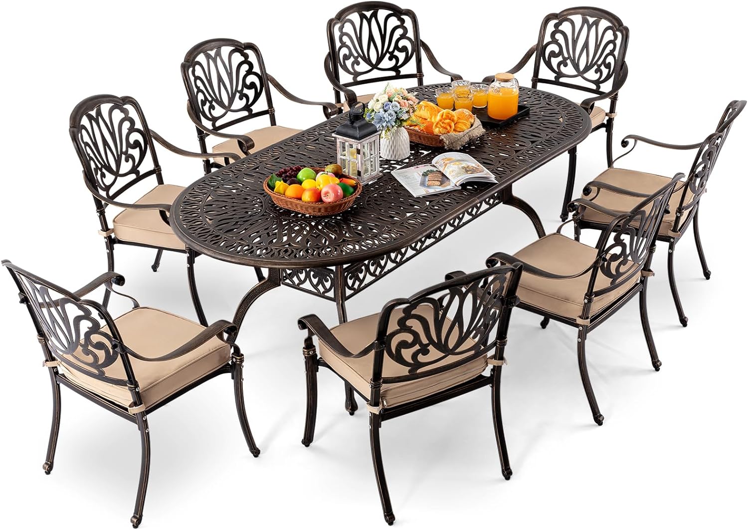 9Piece Cast Aluminum Outdoor Table and Chairs, Classic Patio Dining