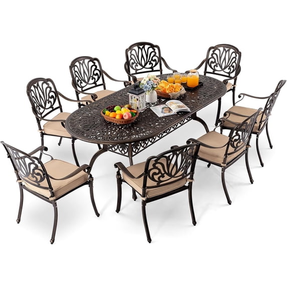 9-Piece Cast Aluminum Outdoor Table and Chairs, Classic Vintage Patio Dining Set for 8 Include 87" Oval Patio Dining Table and 8 Chairs with Removable Cushion and Umbrella Hole