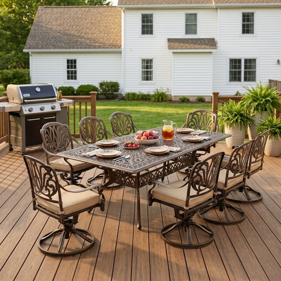 9-Piece Cast Aluminum Patio Furniture, Outdoor Dining Sets for 8 Include 87" Rectangular Patio Dining Table and 8 Swivel Chairs with Cushions & Umbrella Hole(Bronze)