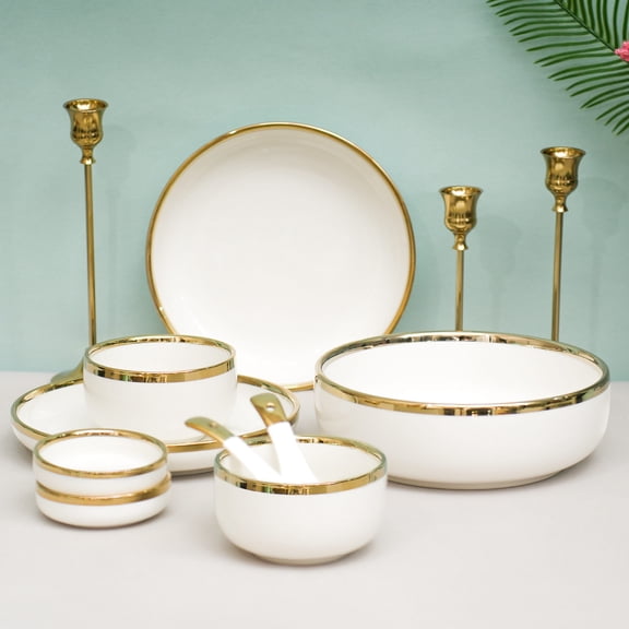9-Piece Ceramic Dinnerware Set for 2 with Gold Rim, White Plates and Bowls Set, Modern Tableware for Everyday Dining