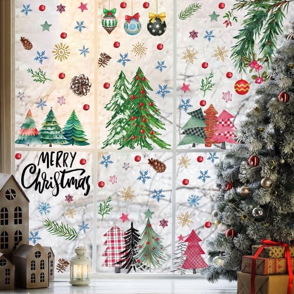 9-Piece Christmas Static Window Clings Set - Double-Sided Snowflake, Christmas Tree, Bell, Pine Cone Decorations