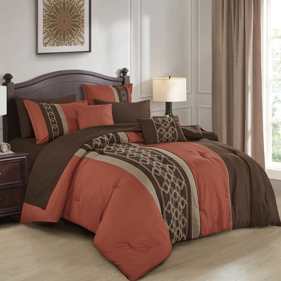 9 Piece Comforter Set with Sheets Cal King - Burnt Orange & Brown Embroidery Bedding with Sheets