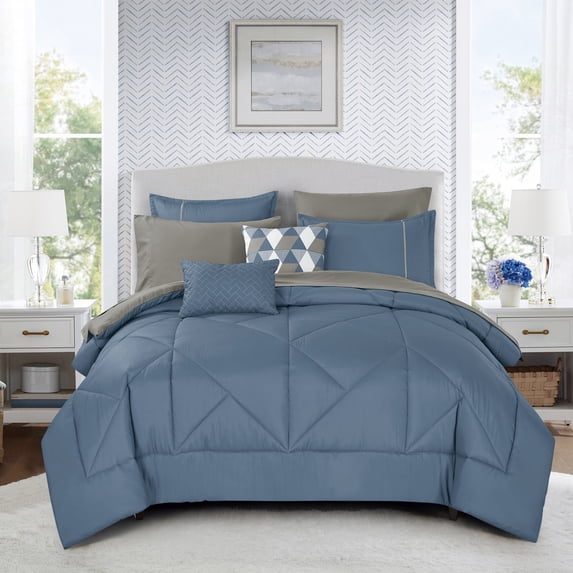 9 Piece Comforter Set with Sheets Cal King - Slate Blue & Grey Geometric Stitching Bedding