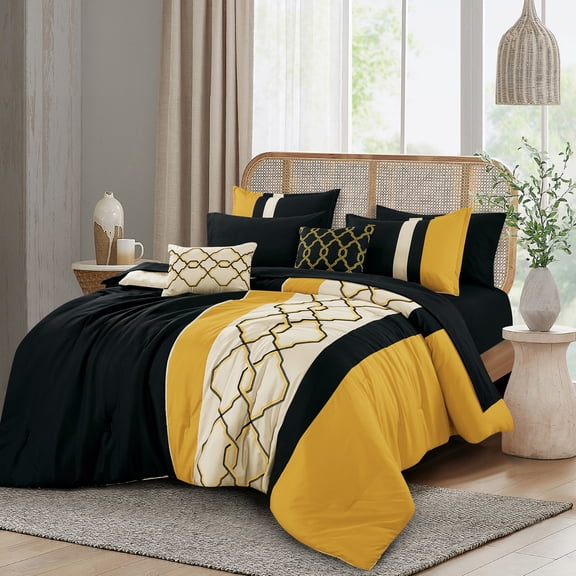 9 Piece Comforter Set with Sheets King - Black & Gold Geometric Embroidery Bedding with Sheets