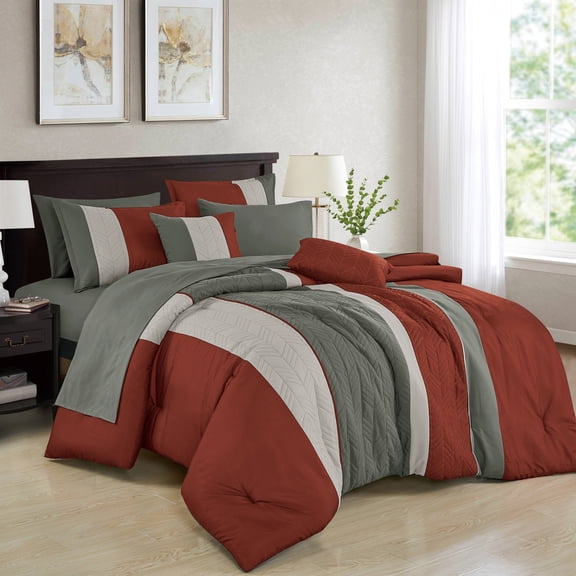 9 Piece Comforter Set with Sheets Queen - Red and Grey Embroidery Bedding with Sheets