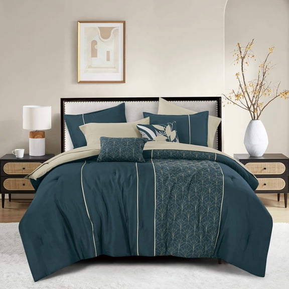 9 Piece Comforter Set with Sheets Queen - Teal & Beige Geometric Embroidery Bedding