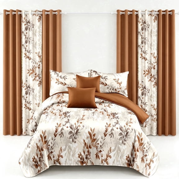 9-Piece Complete Bedroom Bedding Set, Includes 1 Bedspread, 2 Pillowcases, 2 Printed Curtains, 4 Solid Curtains, Brown Floral Print, All Season, Machine Washable