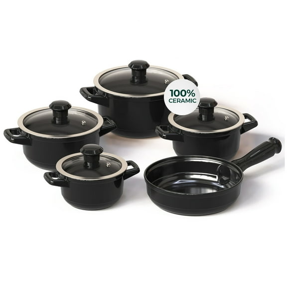 9 Piece Cookware Set with Glass Lid - Black - Non-toxic Cookware, Casserole and Frying Pan Set for Healthy Cooking, Dishwasher Safe