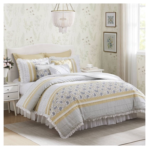 9 Piece Cotton Percale Comforter Set, Shabby Chic Cottage Core Bedroom Decor, Lace Trim, Paisley Print, King Size