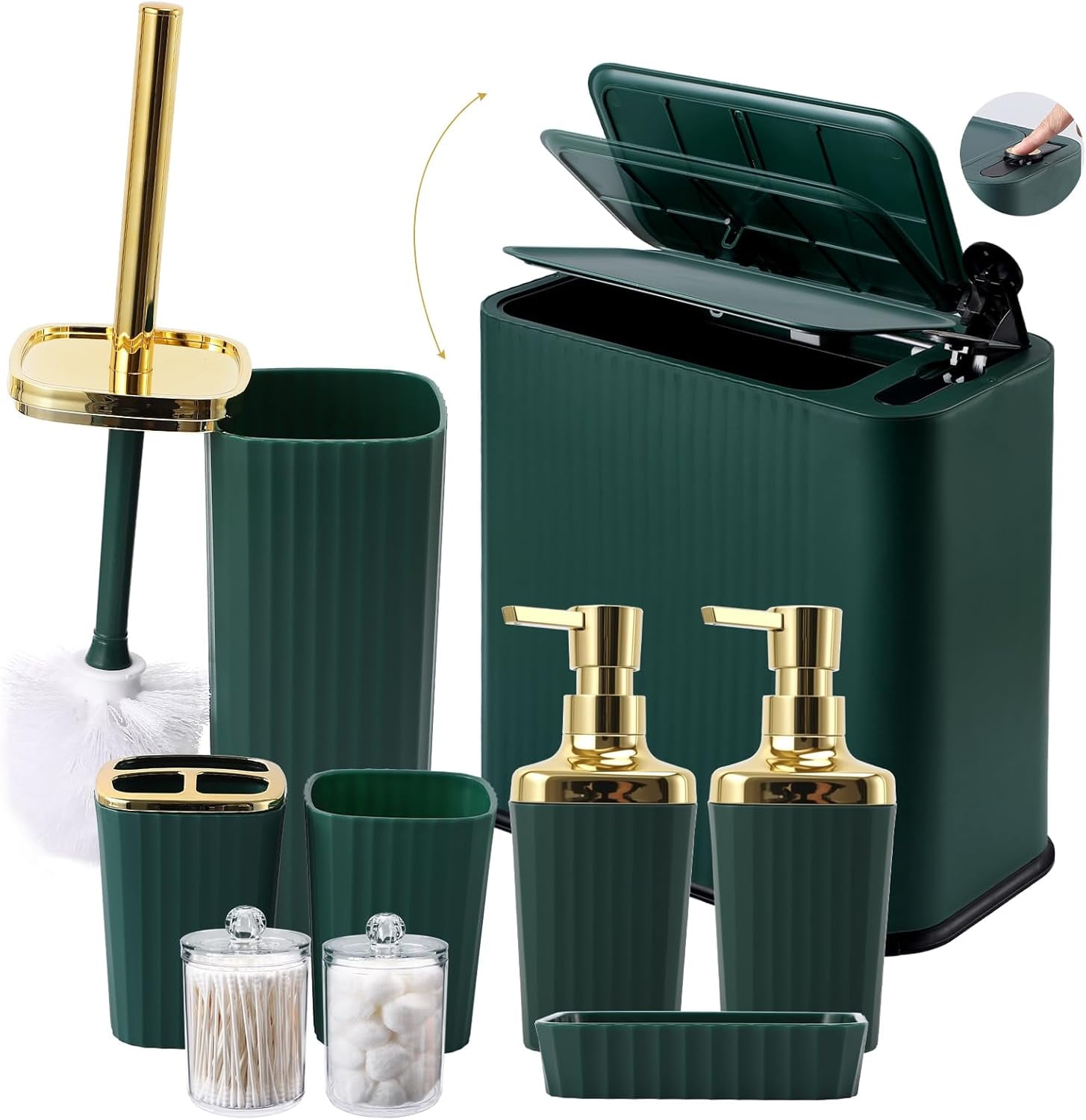 9-Piece Dark Green Bathroom Accessories Set - Slim Pop-up Trash Can with Lid, Toilet Brush, Soap Dispenser & Apothecary Jars - Luxury Emerald Decor for Small Spaces
