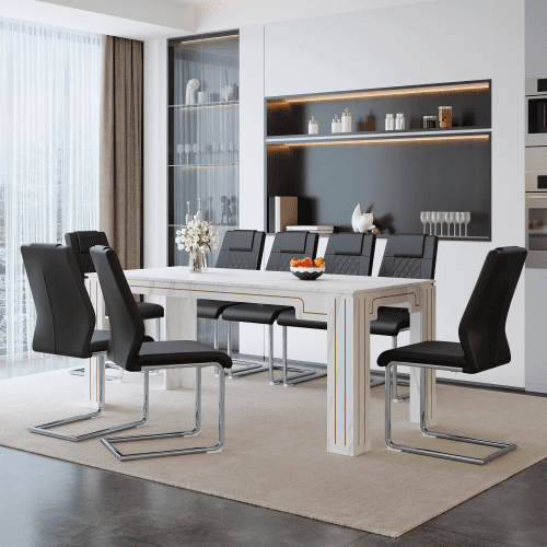 9 Piece Dining Set for 8, Modern Faux Marble Table with 8 PU Chairs, White Wood Grain Tabletop with Silver Arched Metal Legs for Kitchen Restaurant