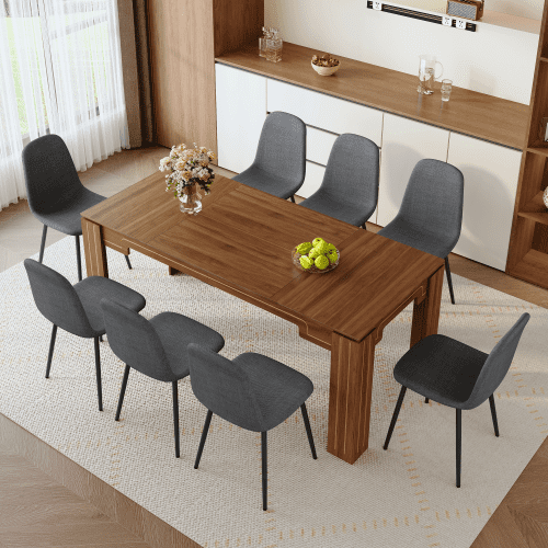9-Piece Dining Table and Chair Set with 71 Inch Walnut Wood Grain Rectangular Table and 8 Dark Gray Linen-Cotton Chairs, Modern Dining Set for Kitchen, Dining Room, Walnut and Dark Gray