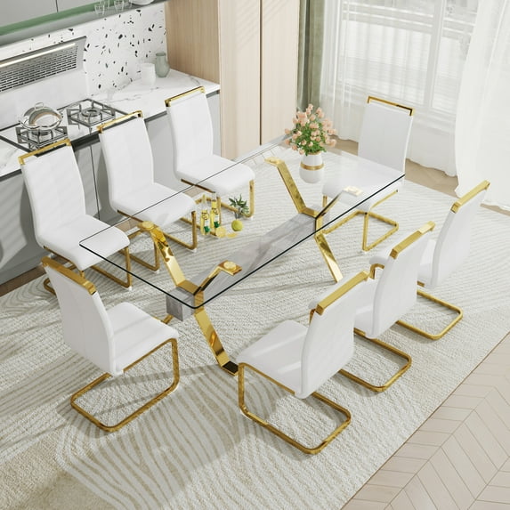 9 Piece Dining Table and Chair Set, Tempered Glass Table and 8 Kitchen Chairs with Metal Legs, Accent Side Table and Armless Chair Sets for Living Room, Dining Room, Office, White and Gold