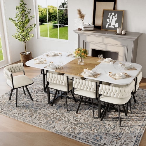 9 Piece Dining Table Set for 8, 78.7" Rectangle Dining Table with 8 Beige Velvet Upholstered Dining Chairs, Space Saving Kitchen Table and Chairs for Kitchen, Living Room