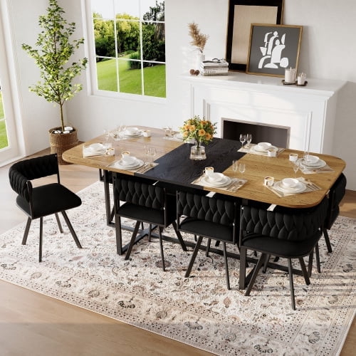 9 Piece Dining Table Set for 8, 78.7" Rectangle Dining Table with 8 Black Velvet Upholstered Dining Chairs, Space Saving Kitchen Table and Chairs for Kitchen, Living Room