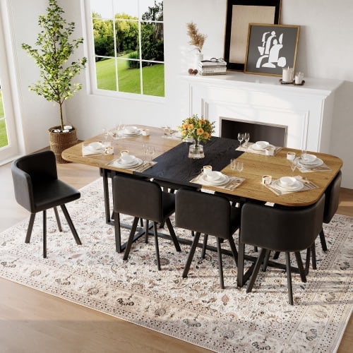 9 Piece Dining Table Set for 8, 78.7" Rectangle Dining Table with 8 PU Leather Upholstered Dining Chairs, Space Saving Kitchen Table and Chairs for Kitchen, Living Room