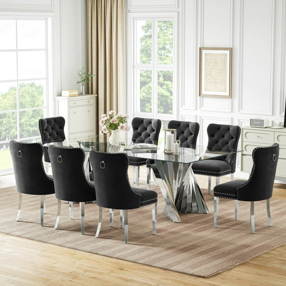 9-Piece Dining Table Set, 94" Tempered Glass Top, Irregular Stainless Steel Base, 8 Velvet Dining Chairs with Tufted Backrests and Nailhead Trim, for Living Room, Kitchen, Conference Room