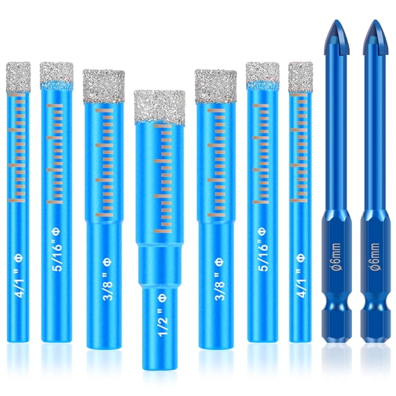 9 Piece Dry Diamond Drill Bit Set for Porcelain Tile Ceramic Pot Glass Granite Concrete Masonry Stone Hard Material Round Shank 1/4" 5/16" 3/8" 1/2" Carbide Drill Bit 1/4"