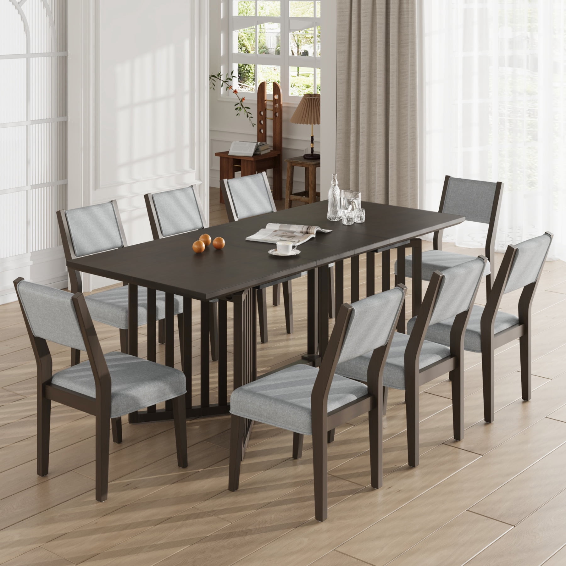 9 Piece Extendable Dining Table Set, Wood Rectangular Table and 8 ...
