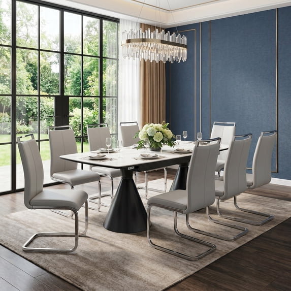 Sumdeal 9-Piece Dining Table Set for 8, Extendable Table with Light Gray PU Chairs