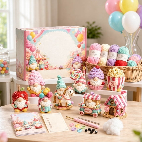9‑Piece Fantasy Crochet DIY Kit, Complete Gnome Themed Crochet Starter Set with Yarn, Hook and Step‑by‑Step Instruction Booklet, Hand‑Making Craft Kit for Decor & Gift