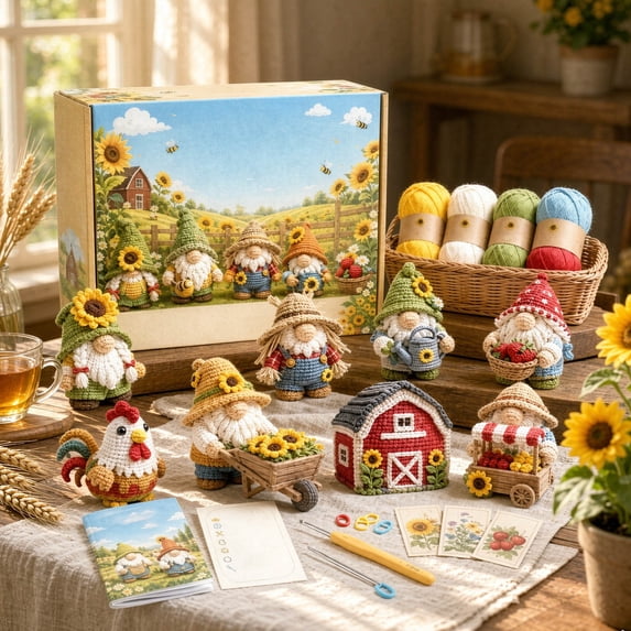 9‑Piece Fantasy Crochet DIY Kit, Complete Gnome Themed Crochet Starter Set with Yarn, Hook and Step‑by‑Step Instruction Booklet, Hand‑Making Craft Kit for Decor & Gift