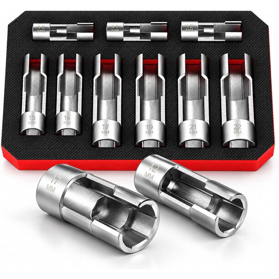 9-Piece Flare Nut Socket Set, Metric 10-22mm Cr-V Open Side Socket Set, 3/8 & 1/2 in Drive Fuel Line Removal Tool for Diesel Injectors, Glow Plugs & Turbo Sensors